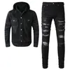 2023 Tracksuits Punk Street Black 2pcs Jeans Sets For Men Spring Hooded Denim Jacket and Ripped Patch Stretch Pants Vintage Men's Clothing