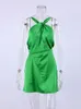 Casual Dresses Green Satin Backless Dress Summer 2023 Sexig ärmlös från axelfest bodycon kvinnor elegant klänning vestido kläder