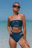 Frauen Badebekleidung Popvil Solid Bandeau Ausschnitt hoch Taille Schwarze Bikini Set5 Farben Hollow Out Urlaub trägerlose dünne zweiteilige Frauen Badeanzüge 230313