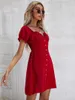 Feestjurken korte puff mouw slanke knop mini jurk zomer zoete casual elegante wijn rood vrouwelijk mode katoenvestidos