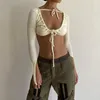 Women's T Shirts Fashion Sexy Long Sleeve Short Top Solid Color Deep V Neck Lace Up Tube Casaul Navel Arrival