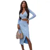 Work Dresses Sexy Bandages Clothing 2023 Two Pieces Sets Long Sleeve Top & Skirt Casual Outwear 2 Women
