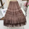 Jupes mode coréenne taille haute Tulle Midi Femme maille dentelle Patchwork Kawaii Harajuku Jupe pour femmes Jupe Femme Faldas Q158