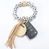 Keychains Football Basketball Wood Beaded Bracelet Keychain For Women Men Tassel Pendant Keyring Jewelry Accessories