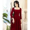 Ethnic Clothing Chinese Square Collar Burgundy Toasting Clothes Velour Cheonhsam Women Slim Folds Bride Long Sleeve Vintage Vestidos