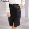 Skirts Colorfaith PU Leather Korean Fashion Empire Straight Sexy Black With Belt Spring Summer Women Mini Skater Skirts SK6603 230313