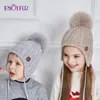 Casquettes Chapeaux ENJOYFUR enfants hiver tricot chapeaux pour fille garçon fourrure naturelle pompon enfants Bonnets chaud épais mignon bébé extérieur oreillette Bonnets 230313