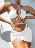 Swim wear 3 Pieces Set Swimsuit Women High Waist Swimwear Sexy Lace Up Micro Bikini Set With Skirt Solid Beachwear Bathing Suit 230313