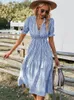 Casual Dresses Women Elegant Rands Lantern Sleeve Summer Dress Causal V-Neck-knapp Ruffles Midi Dress Women Beach Holiday Party Dress 230313