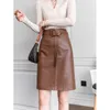 Skirts Women Lace-up Genuine Leather Skirt Female Winter Pure Sheep Skin Knee Length Saias With Belt Feminina Neat Stitches Wrap Jupe 230313