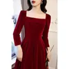 Ethnic Clothing Chinese Square Collar Burgundy Toasting Clothes Velour Cheonhsam Women Slim Folds Bride Long Sleeve Vintage Vestidos