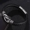 Charm Bracelets Casual Jewelry Men Bracelet Black Leather Irregular Winding Graphic Stainless Steel Magnet Clasp Male Wristband Man Gifts