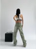 Womens Jeans Yedinas Streetwear Green Boyfriend Women Vintage Washed Multiple Pockets Wide Leg Pants High Waist Baggy Denim Trousers 230313