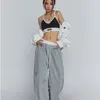 Calças femininas de duas peças streetwear conjunto mulheres turn down colarinho cordão sólido casacos curtos cintura alta casual solto pantalones punk gótico 230313