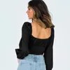 Blouses pour femmes Casual Blanc Noir Col Carré Automne Printemps Dames Tops Lanterne Manches Courtes Longueur Crop Femmes Blouse Et Chemises Haut Femme