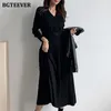 Casual Dresses BGTEEVER Elegant V-neck Single-breasted Women Thicken Sweater Dress Autumn Winter Knitted Belted Female A-line soft dresses 230313