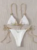 Yüzme Giyim Seksi Bikini Seti Sevimli Beyaz Düz Yüzük Bağlantılı Spagetti Kayış Üçgen Teşhal Biquini Mayo Mayo Kadın Mayo B0 230313