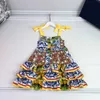 23SS Designer Märke halter Bow Binding Dress Print Dresss Neri Pure Cotton kjolar Girls Dresses Kids kjol Babykläder A1