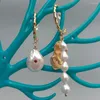 Hoop Earrings YYGEM Office Style Cultured Natural White Keshi Pearl Coin Cz Pave Asymmetric