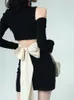 Abiti casual Aderente lavorato a maglia Mini abito sexy stile coreano Donna Maglione Y2k Party Colore puro Primavera Corto Elegante