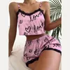 Ropa de dormir para mujer, conjunto de ropa para el hogar con tirantes de leche triturada de seda de hielo, pijama suave con estampado de amor, pijamas de lana