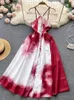 Casual jurken Sexy Summer Tie Dye Gedrukte lange jurk vrouwen strand spaghetti riem vintage rits rits open terug a-line vestidos vrouwelijke mode