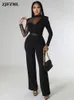 Women's Jumpsuits Rompers Black White Polka Dot Mesh Women's Jumpsuit Office Lady Business Workwear Long Sleeve Straight Overalls Spring Autumn Bodysuits 230313