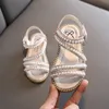Tênis de verão sapatos de garotas bead Mary Janes Flats Fling Princess Baby Dance Kids Sandals Children Wedding Pink D238 230313