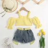 ملابس ملابس Kids Thets One-Lecn Top Ploral Denim Shorts 2PCS Set