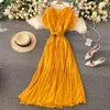 Sukienki swobodne 2023 Letni styl francuski długie szyfonowe plisowane kobiety eleganckie dekolt z paskiem z sznurkiem vestidos żółta/różowa sukienka