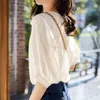 Bluzki damskie koszule 2023 Summer Korean Fashion Lantern Sleeve luźne hafty haftowe bawełniane koronkowe okno bluzki