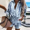 Survêtements pour femmes 2023 Été Automne Femmes Léopard Imprimer Deux pièces Ensembles Turn Down Col Chemise Top Pantalon Court Costume Lady Casual Manches Longues