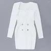 Robes décontractées automne femmes à manches longues col carré blanc Mini robe Double boutonnage taille ceinturée mode tempérament bureau