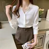 Women's Blouses Shirts Silk Shirts 8 Colors Spring Women White Long Sleeve Blouse Office Lady Satin Silk Tops Woman Basic Bottoming Autumn T11001X 230313