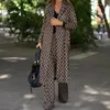 Women's Tracksuits Office Fashion Geometric Print Loose Outfits Casual Long Sleeve Split Cardigans And Pocket Pant Suit Women Two Piece Sets