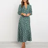 Casual Dresses Women Floral V Neck Maxi Dress Spring Ladies Long Puff Sleeve Fleared Dress Fashion Female Button Swing Dress A-Line 230313