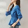 Camicette da donna Elegante Chic Patchwork di pizzo Tunica Slim Cotone da ufficio Top da donna Primavera Autunno Moda coreana Scollo a V Manica lunga Camicetta blu