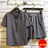 T-shirts masculinas verão linho algodão t-shirt conjunto masculino estilo chinês manga curta calças esportivas conjuntos de 2 peças agasalho masculino terno sólido 230313