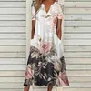 Casual Dresses Summer Flower Print Long Dress Boho Women V Neck Beach Party Dresses For Women Short Sleeve Pocket Casual Dress Boho 230313