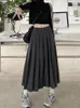 Saias Houzhou coreano saia plissada vintage longa feminina outono de baixo aumento no estilo preppy casual saia midi para meninas streetwear 90s 230313