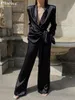 Women's Two Piece Pants Clacive Balck Casual Satin Women Sets Autumn Long Sleeve Blazers With Wide Leg Elegant LaceUp 2 Trousers 230313