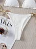 Swim wear Sexy Bikini Set Cute White Plain Ring Linked Spaghetti Strap Triangle Thong Biquini Swimsuit Swimwear Women Bathing Suit B0 230313