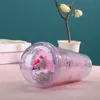Mode tuimelaars drinkware plastic bekers bloem dubbellaags stro kopje plastic transparante creatieve waterbeker lt290