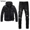 2023 Tracksuit Punk Street Black Jeans Set For Men Spring Hooded Denim Jacket och Ripped Patch Stretch Pants Vintage 2PCS Men's Clothing