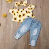 Babymeisjes zomerkleding set kinderen uit schouder schouder korte mouw zonnebloem toppen gescheurd denim jeans 3 stks peuter pant outfits