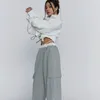 Calças femininas de duas peças streetwear conjunto mulheres turn down colarinho cordão sólido casacos curtos cintura alta casual solto pantalones punk gótico 230313