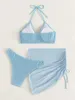 Swim wear Textured Ring Linked Halter Bikini Micro Ribbed Bikini High Waist Swimsuit With Beach 3 Pieces Mesh Skirt 230313