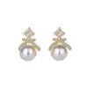 Stud Earrings Classic Female 925 Silver Needle Big Round Pearls Cubic Zirconia Earring Wedding Bridal Crown Jewelry Gift