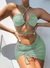 Swim wear 3 Pieces Set Swimsuit Women High Waist Swimwear Sexy Lace Up Micro Bikini Set With Skirt Solid Beachwear Bathing Suit 230313