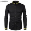 Koszule męskie czarne złote haft haftowe Mężczyzn Mężczyzn Spring Mens Dress Koszulki stojak na guziki Koszulki Chemise Homme Camisa Masculina 230313